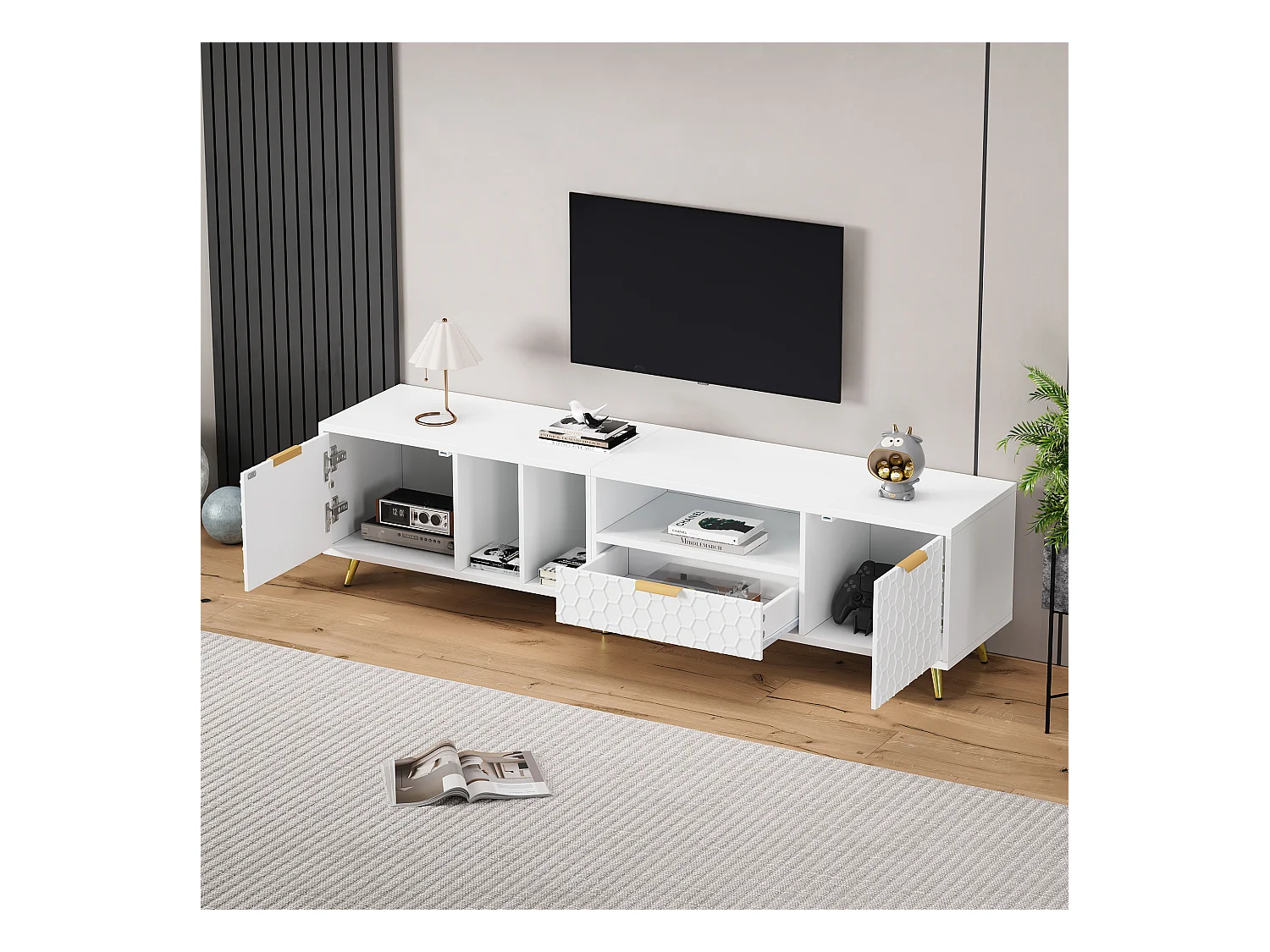 Meuble TV Blanc, Motif Nid d’Abeille Mat, Compartiment, Portes, Tiroir, Charge 60kg, 180x40x41cm