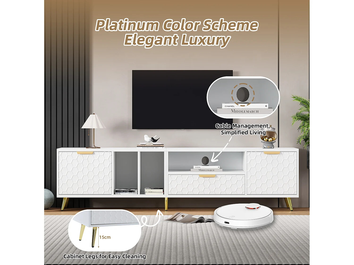 Meuble TV Blanc, Motif Nid d’Abeille Mat, Compartiment, Portes, Tiroir, Charge 60kg, 180x40x41cm