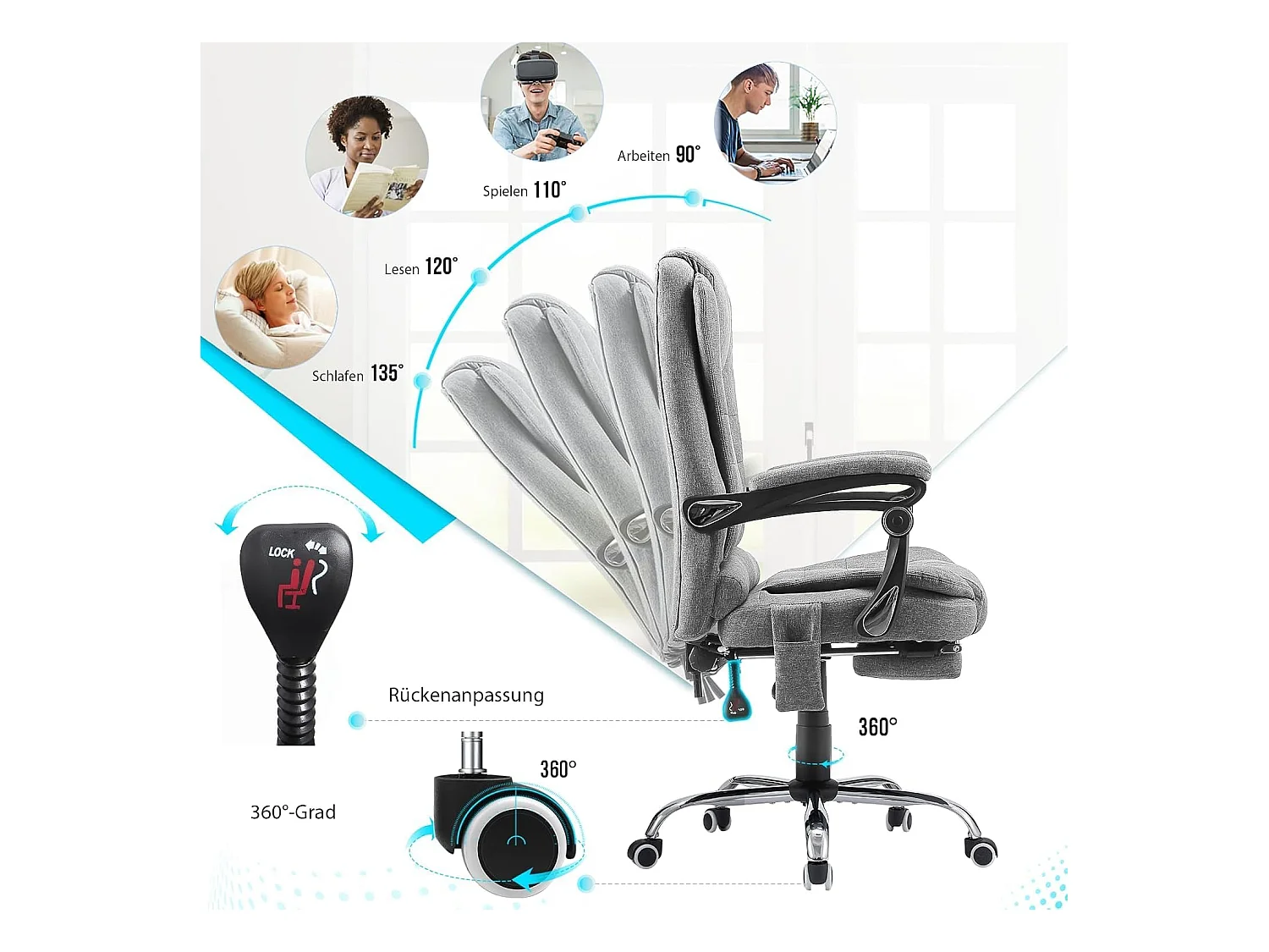 YODOLLA Chaise de Bureau Ergonomique avec Repose-Pieds - Fauteuil de Travail Confiable et Confortable - Dossier Soutien Lombaire - Pivotante et Réglable - Gris