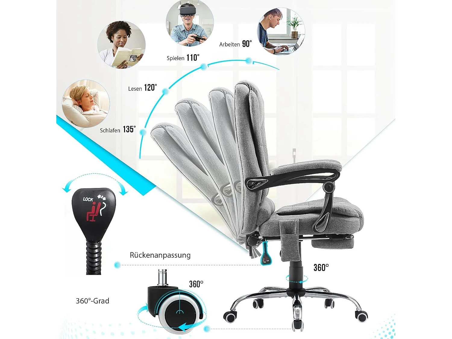 YODOLLA Chaise de Bureau Ergonomique avec Repose-Pieds - Fauteuil de Travail Confiable et Confortable - Dossier Soutien Lombaire - Pivotante et Réglable - Gris