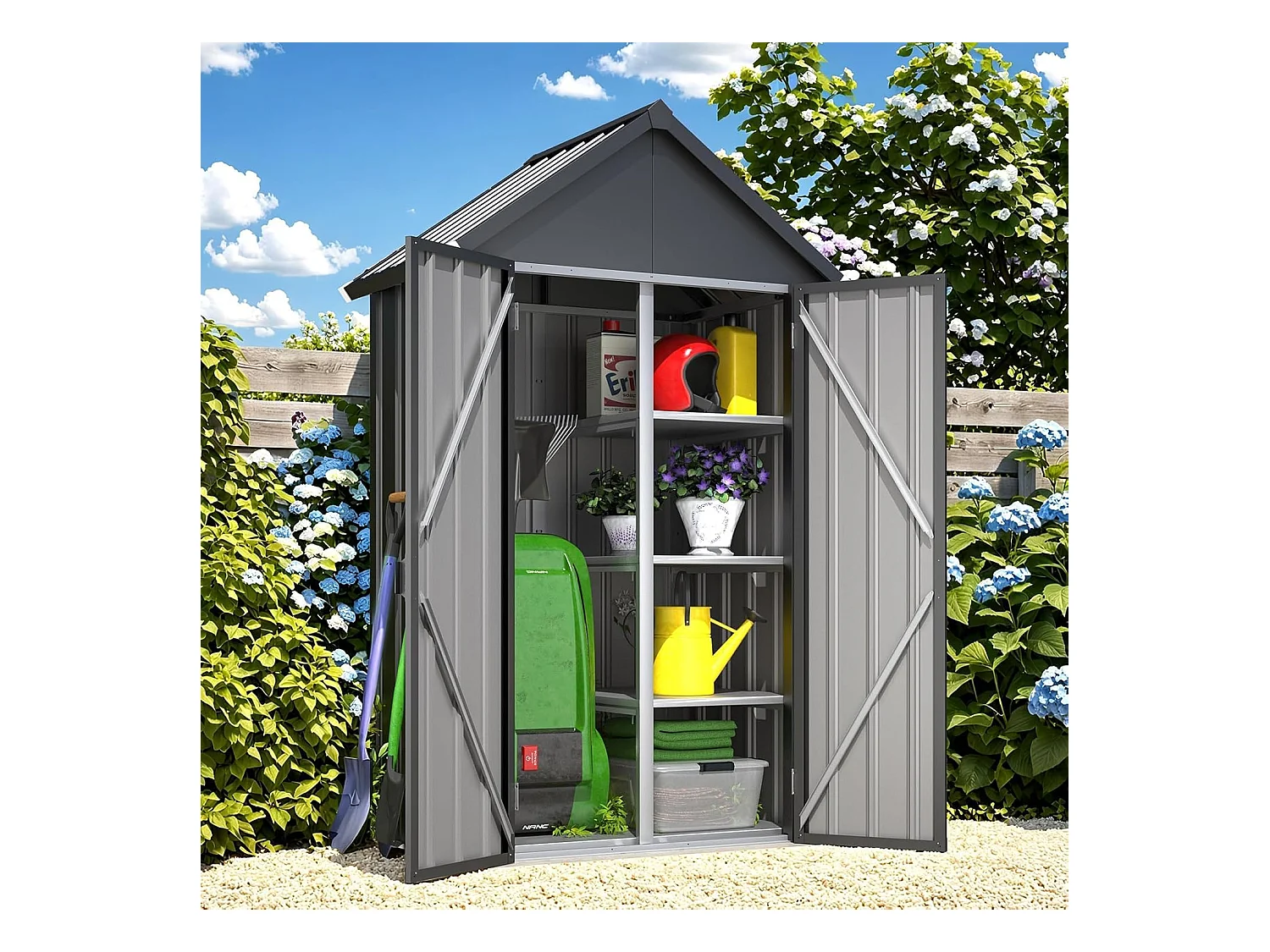 YODOLLA Gartenschrank Gartenhaus Geräteschuppen, Gartenhäuschen mit Sockel und abschließbarem Schloss, Verzinkter Stahl, 107x53x178 cm, Dunkelgrau