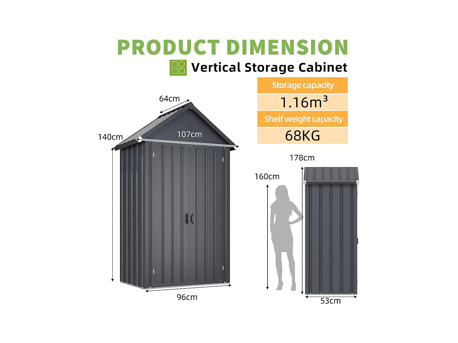 YODOLLA Gartenschrank Gartenhaus Geräteschuppen, Gartenhäuschen mit Sockel und abschließbarem Schloss, Verzinkter Stahl, 107x53x178 cm, Dunkelgrau