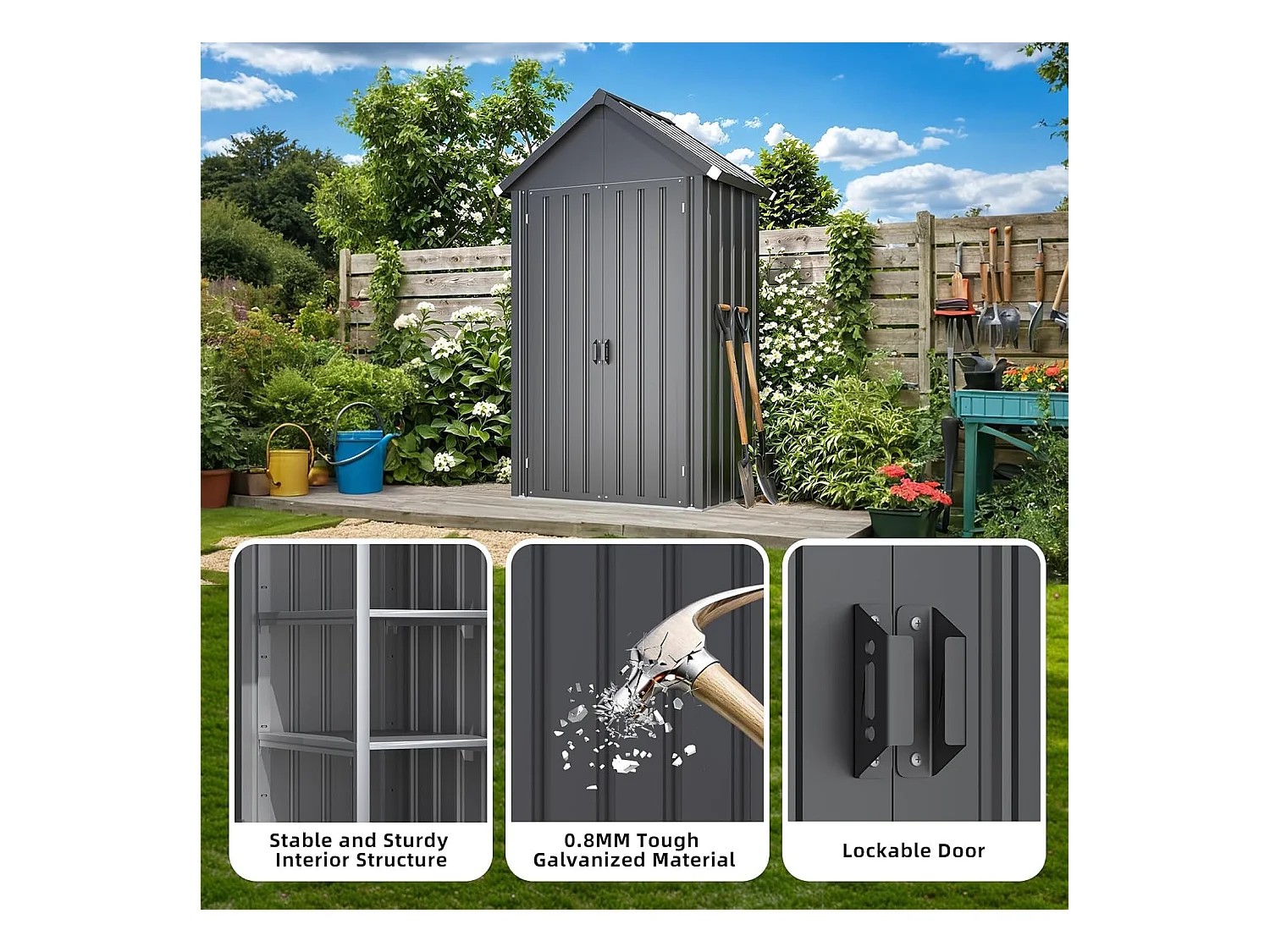 YODOLLA Gartenschrank Gartenhaus Geräteschuppen, Gartenhäuschen mit Sockel und abschließbarem Schloss, Verzinkter Stahl, 107x53x178 cm, Dunkelgrau