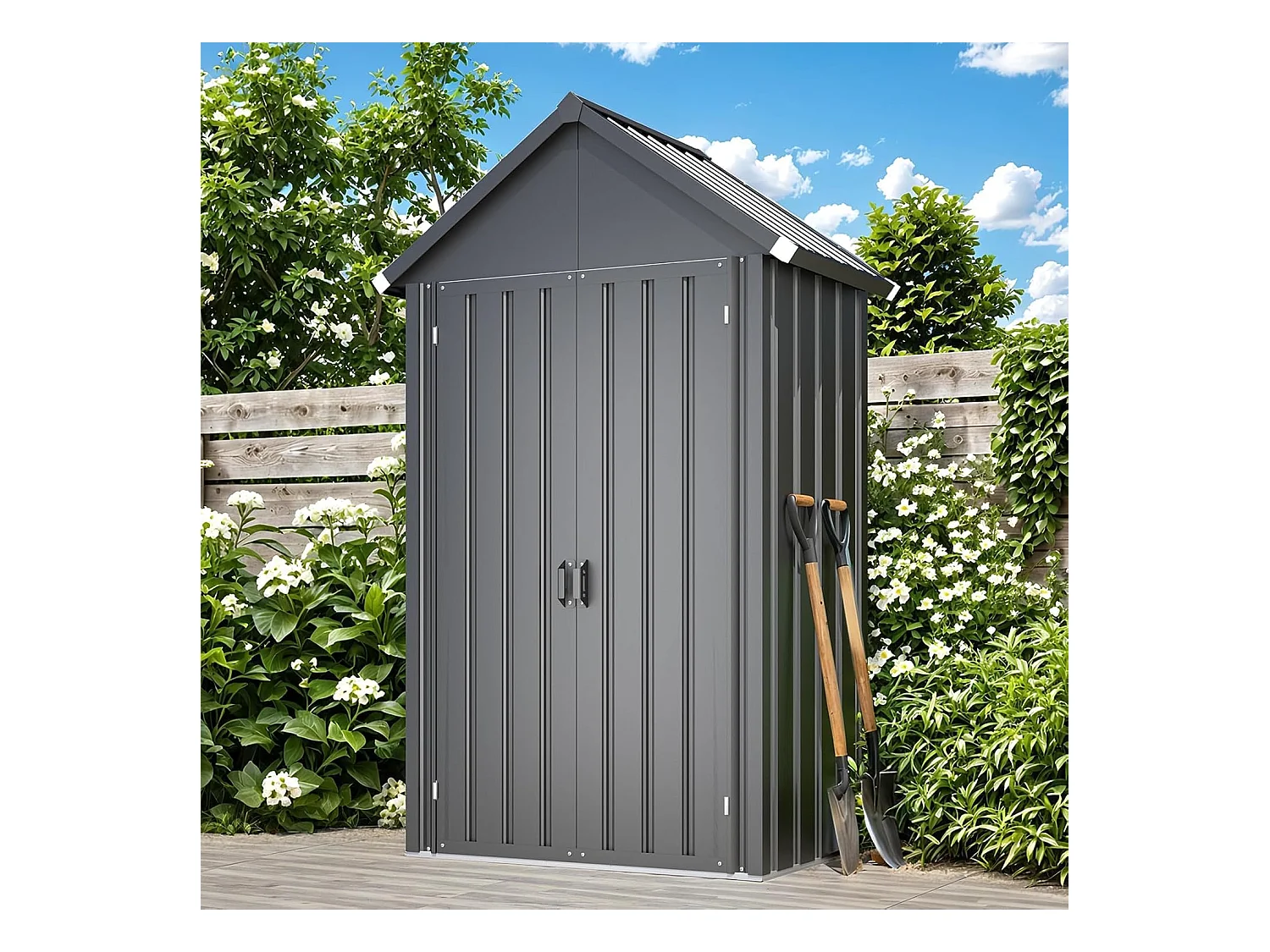 YODOLLA Gartenschrank Gartenhaus Geräteschuppen, Gartenhäuschen mit Sockel und abschließbarem Schloss, Verzinkter Stahl, 107x53x178 cm, Dunkelgrau