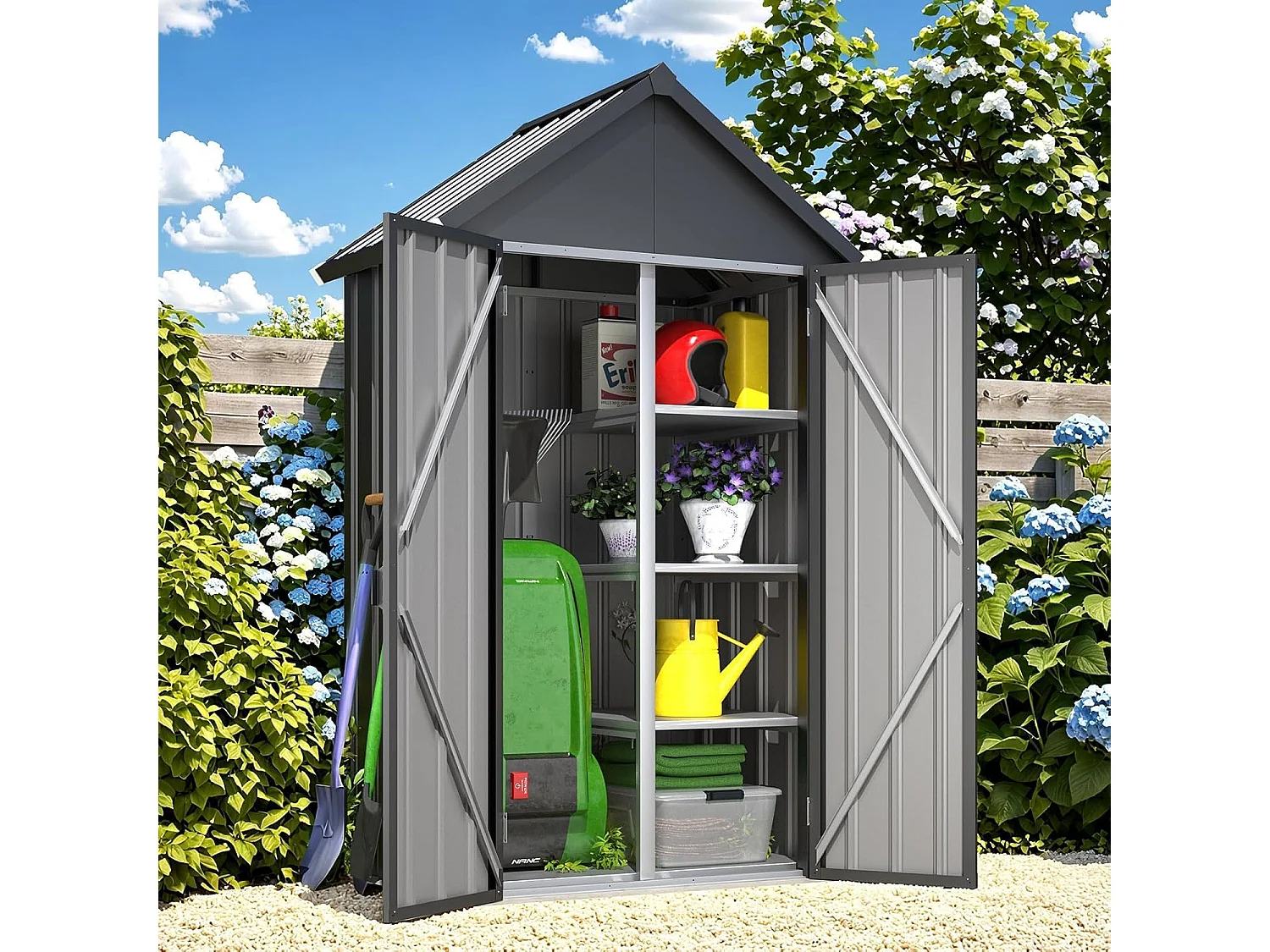 YODOLLA Gartenschrank Gartenhaus Geräteschuppen, Gartenhäuschen mit Sockel und abschließbarem Schloss, Verzinkter Stahl, 107x53x178 cm, Dunkelgrau