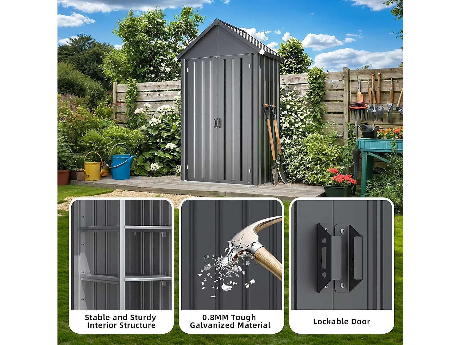 YODOLLA Gartenschrank Gartenhaus Geräteschuppen, Gartenhäuschen mit Sockel und abschließbarem Schloss, Verzinkter Stahl, 107x53x178 cm, Dunkelgrau