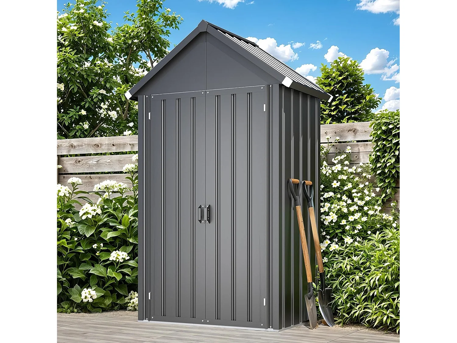 YODOLLA Gartenschrank Gartenhaus Geräteschuppen, Gartenhäuschen mit Sockel und abschließbarem Schloss, Verzinkter Stahl, 107x53x178 cm, Dunkelgrau