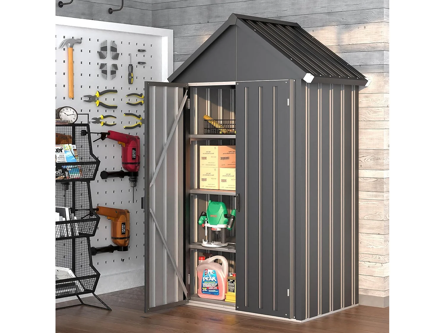 YODOLLA Gartenschrank Gartenhaus Geräteschuppen, Gartenhäuschen mit Sockel und abschließbarem Schloss, Verzinkter Stahl, 107x53x178 cm, Dunkelgrau