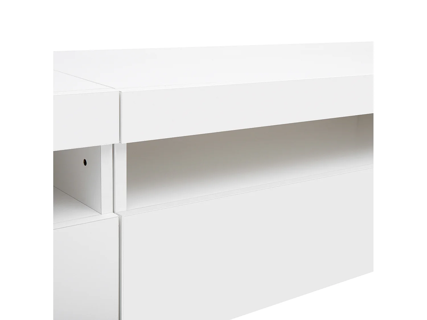 Móvel de TV branco 260x35x40 cm, 3 níveis, 3 compartimentos, 2 portas, iluminação LED ajustável