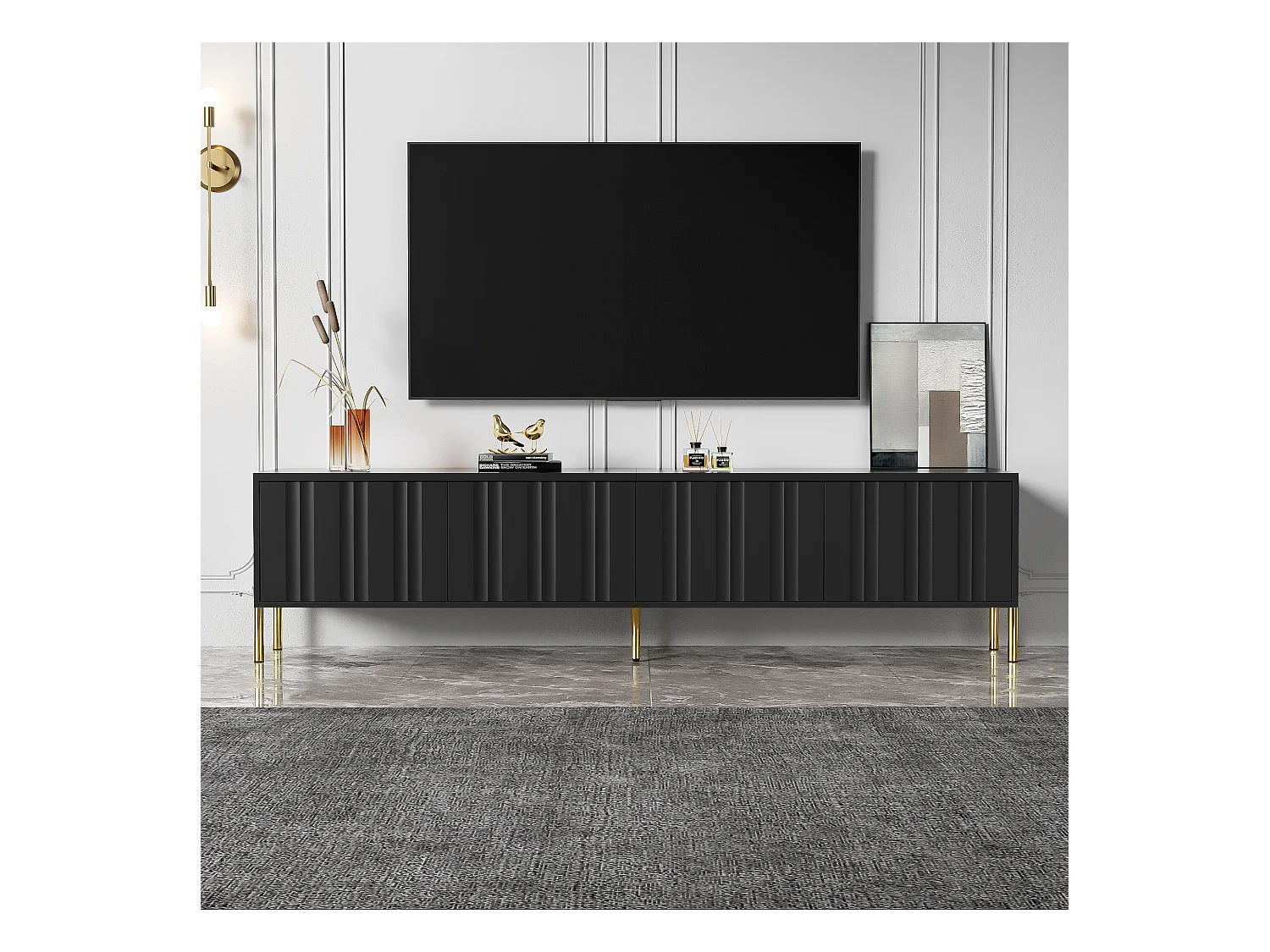 Meuble TV Noir, Banc TV 190cm avec 4 Portes, Meuble Télé avec Jambes Dorées, Portes Rainurées