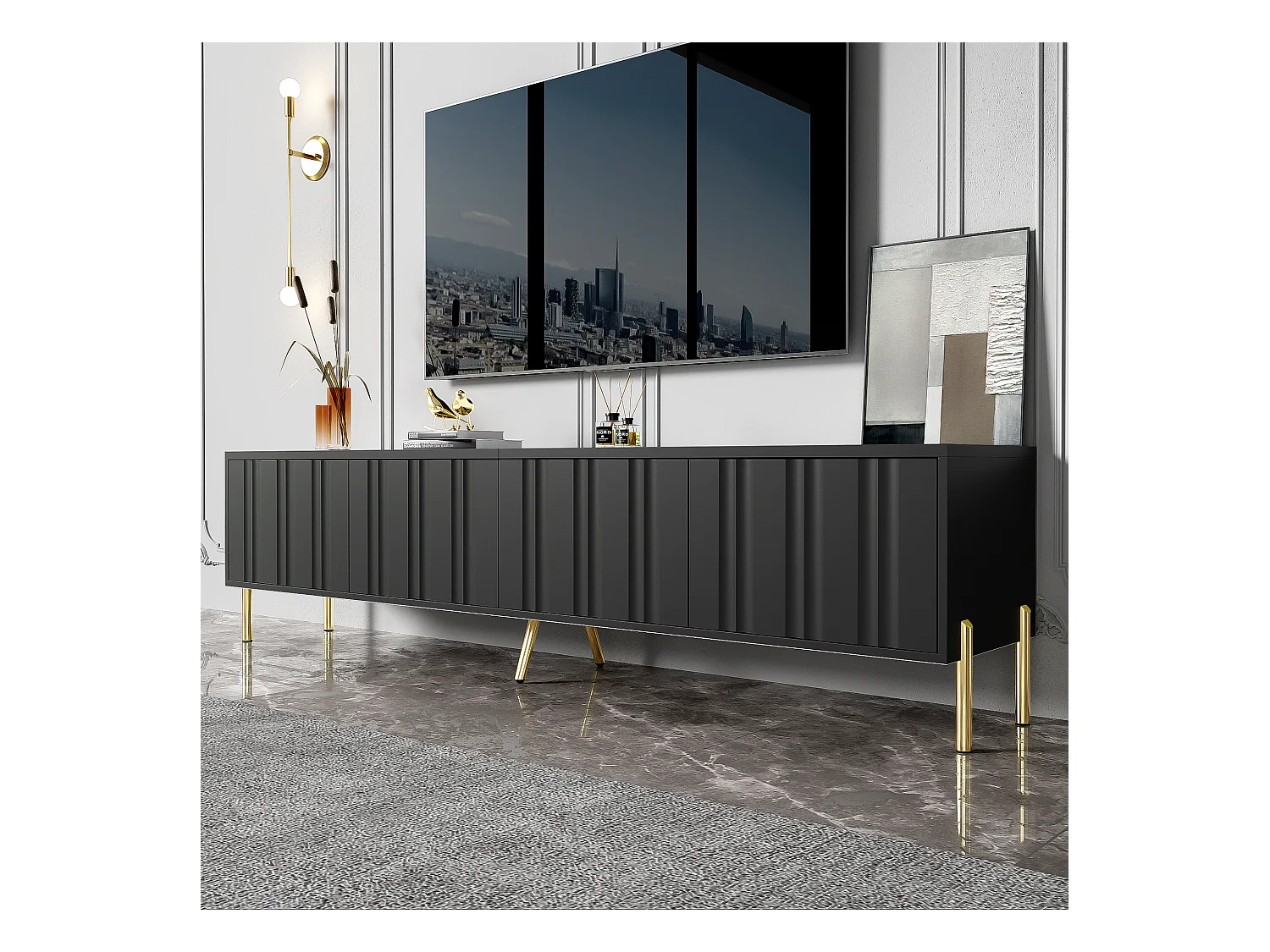 Meuble TV Noir, Banc TV 190cm avec 4 Portes, Meuble Télé avec Jambes Dorées, Portes Rainurées