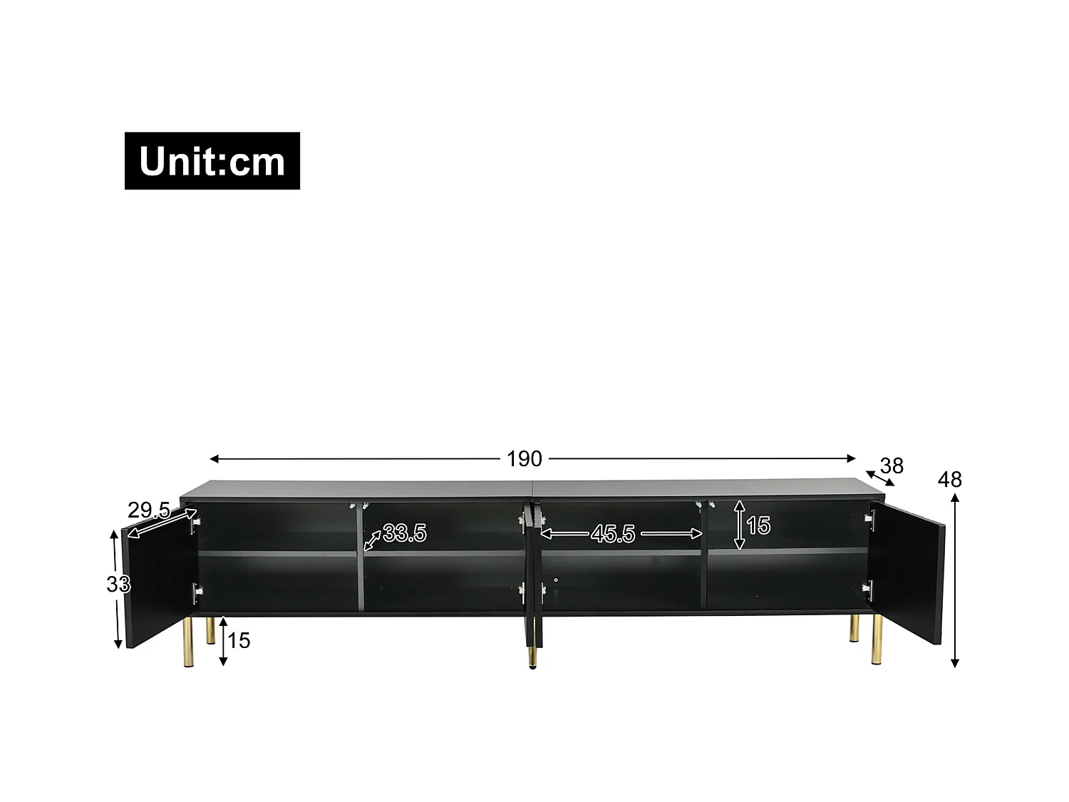 Meuble TV Noir, Banc TV 190cm avec 4 Portes, Meuble Télé avec Jambes Dorées, Portes Rainurées