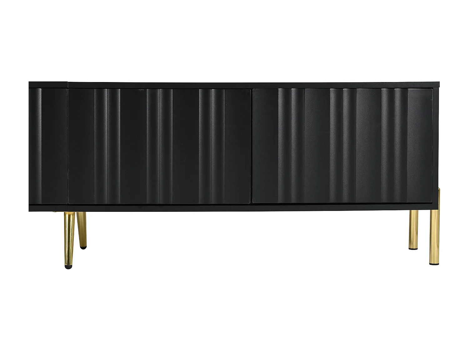 Meuble TV Noir, Banc TV 190cm avec 4 Portes, Meuble Télé avec Jambes Dorées, Portes Rainurées