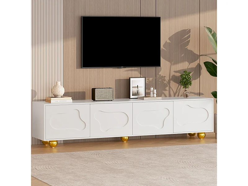 Mueble de TV 180x40x45 cm - Estampado de Nubes - 2 Puertas con Almacenamiento - 5 Patas Estabilizadoras, Blanco