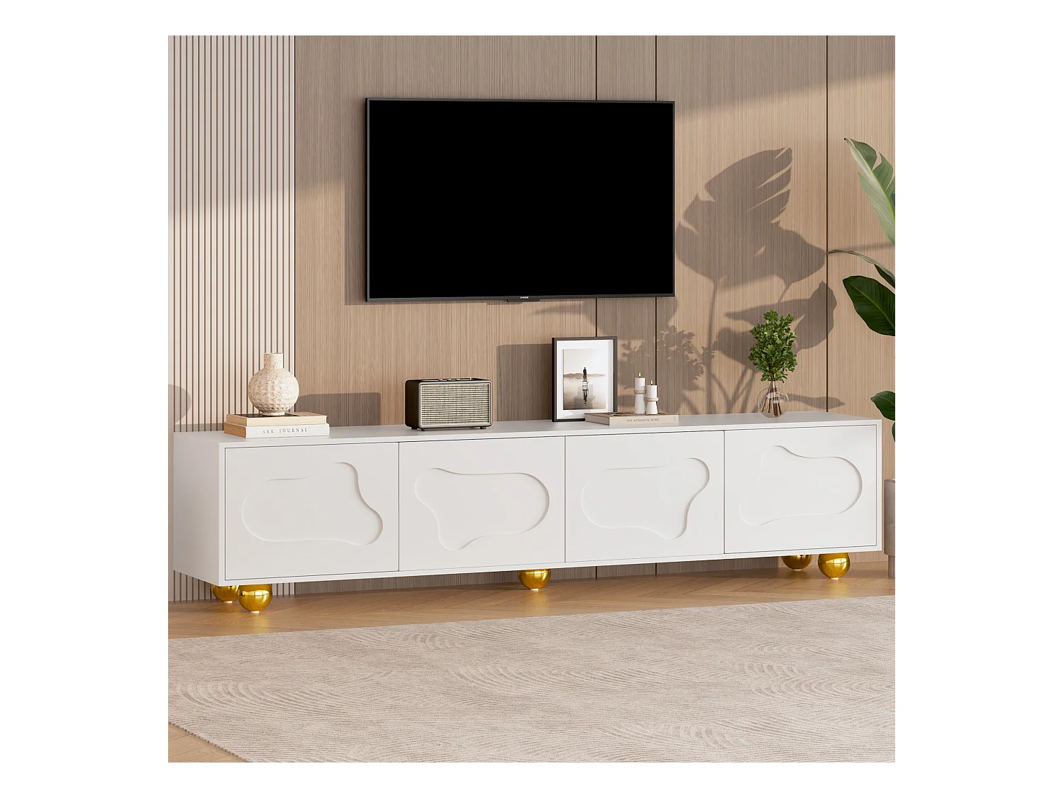 Mueble de TV 180x40x45 cm - Estampado de Nubes - 2 Puertas con Almacenamiento - 5 Patas Estabilizadoras, Blanco