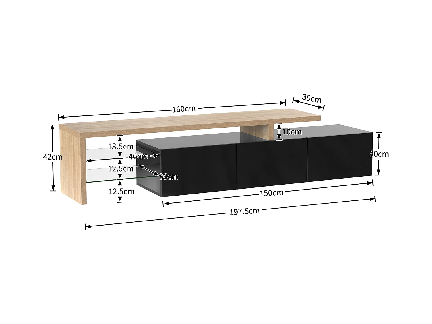 Meuble TV avec 7 Couleurs LED, 3 Portes et Étagères en Verre, Meuble Télé Longueur pour Salon, Noir