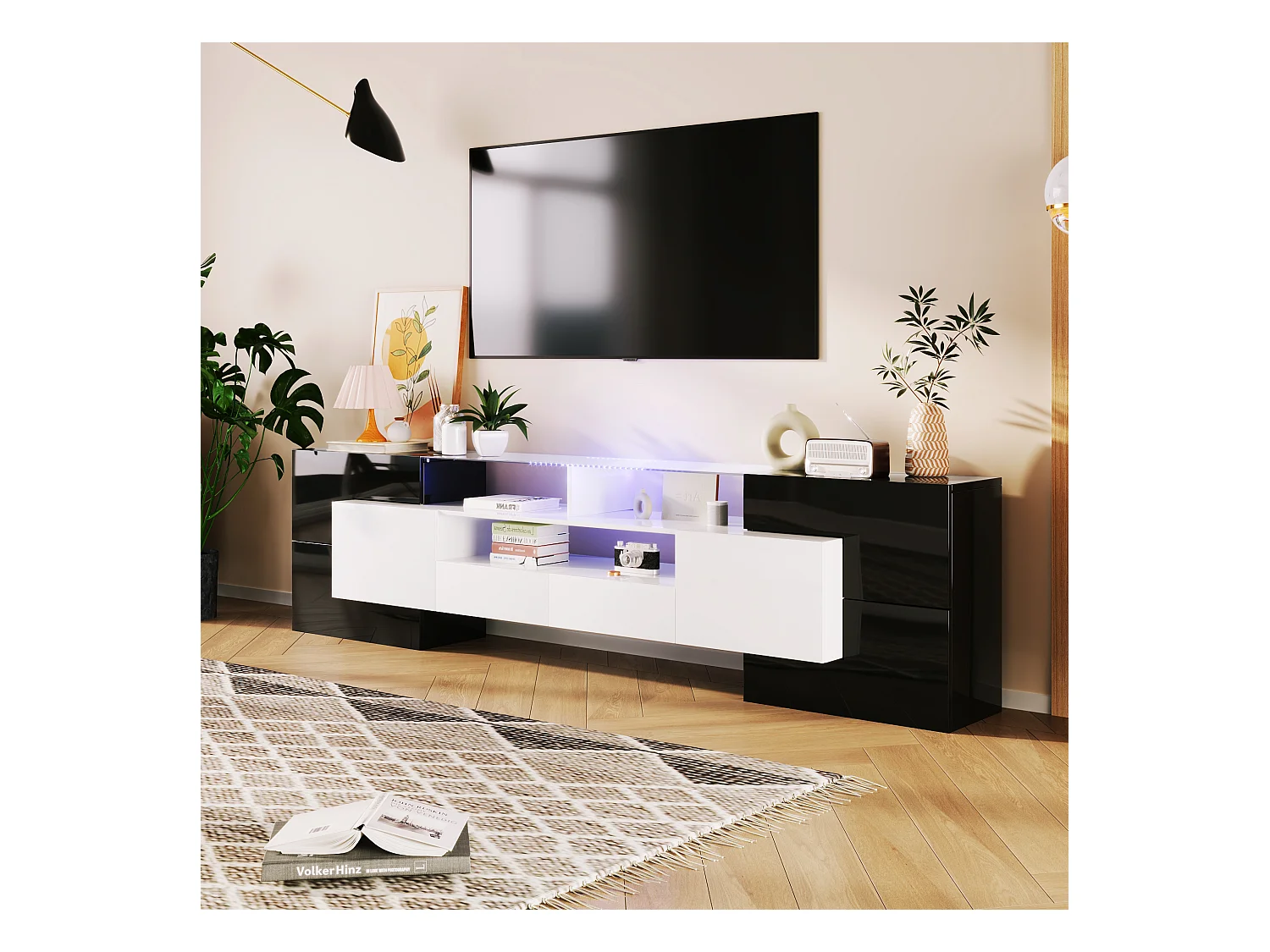 Mueble de TV 200 cm, alto brillo con iluminación LED, mueble de salón, elegante superficie de cristal, Negro