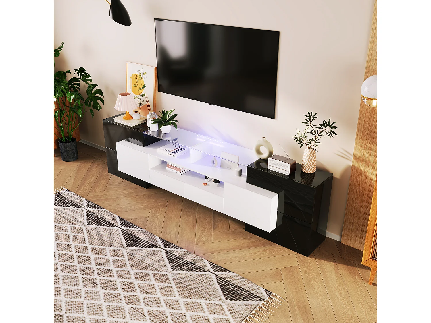 Mueble de TV 200 cm, alto brillo con iluminación LED, mueble de salón, elegante superficie de cristal, Negro