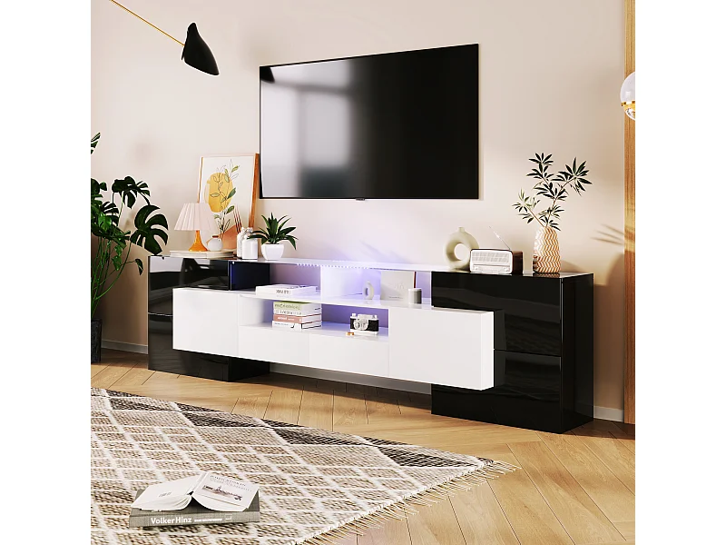 Mueble de TV 200 cm, alto brillo con iluminación LED, mueble de salón, elegante superficie de cristal, Negro