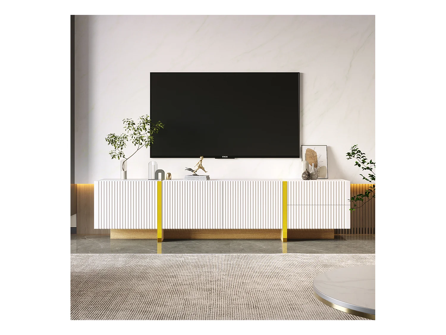 Meuble TV Blanc avec Plusieurs Rangements, Moderne Mat Vertical, Lignes Dorées, 190 x35x45cm, Blanc