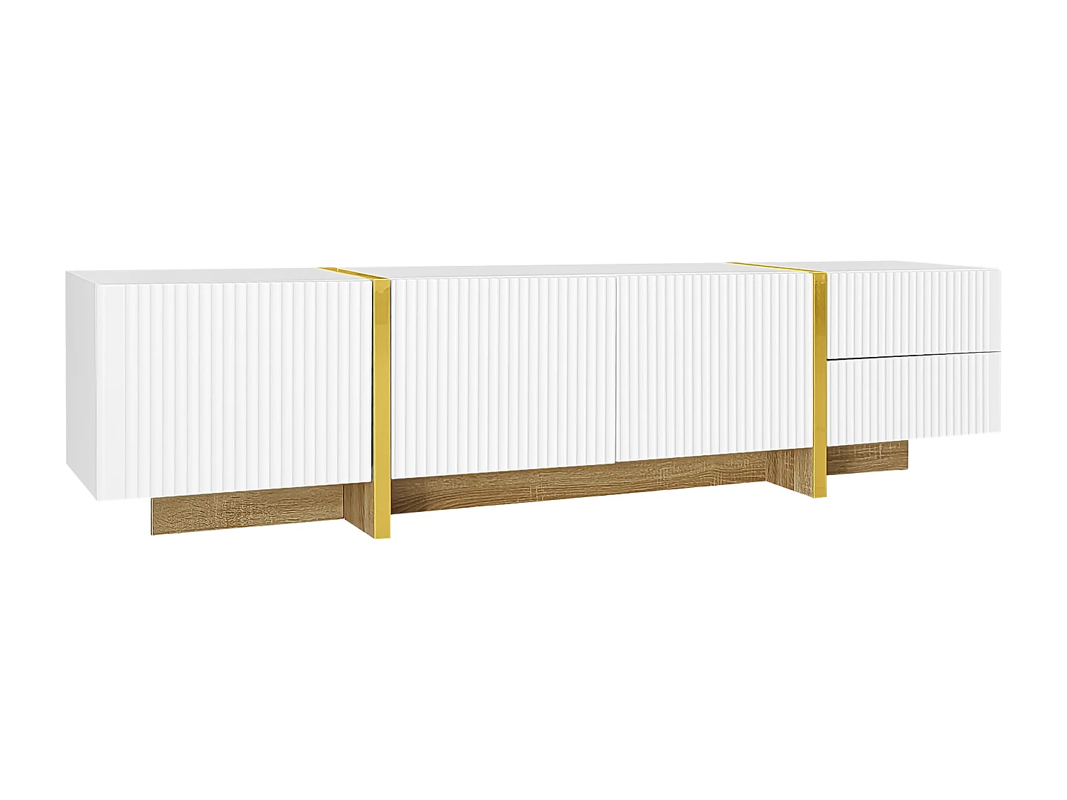 Meuble TV Blanc avec Plusieurs Rangements, Moderne Mat Vertical, Lignes Dorées, 190 x35x45cm, Blanc