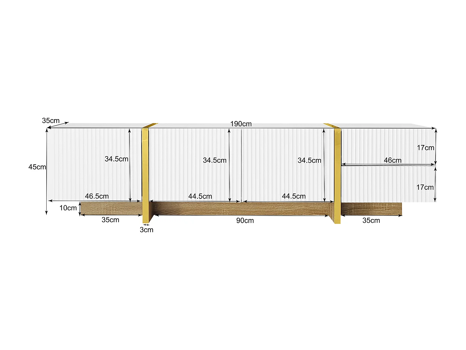 Meuble TV Blanc avec Plusieurs Rangements, Moderne Mat Vertical, Lignes Dorées, 190 x35x45cm, Blanc