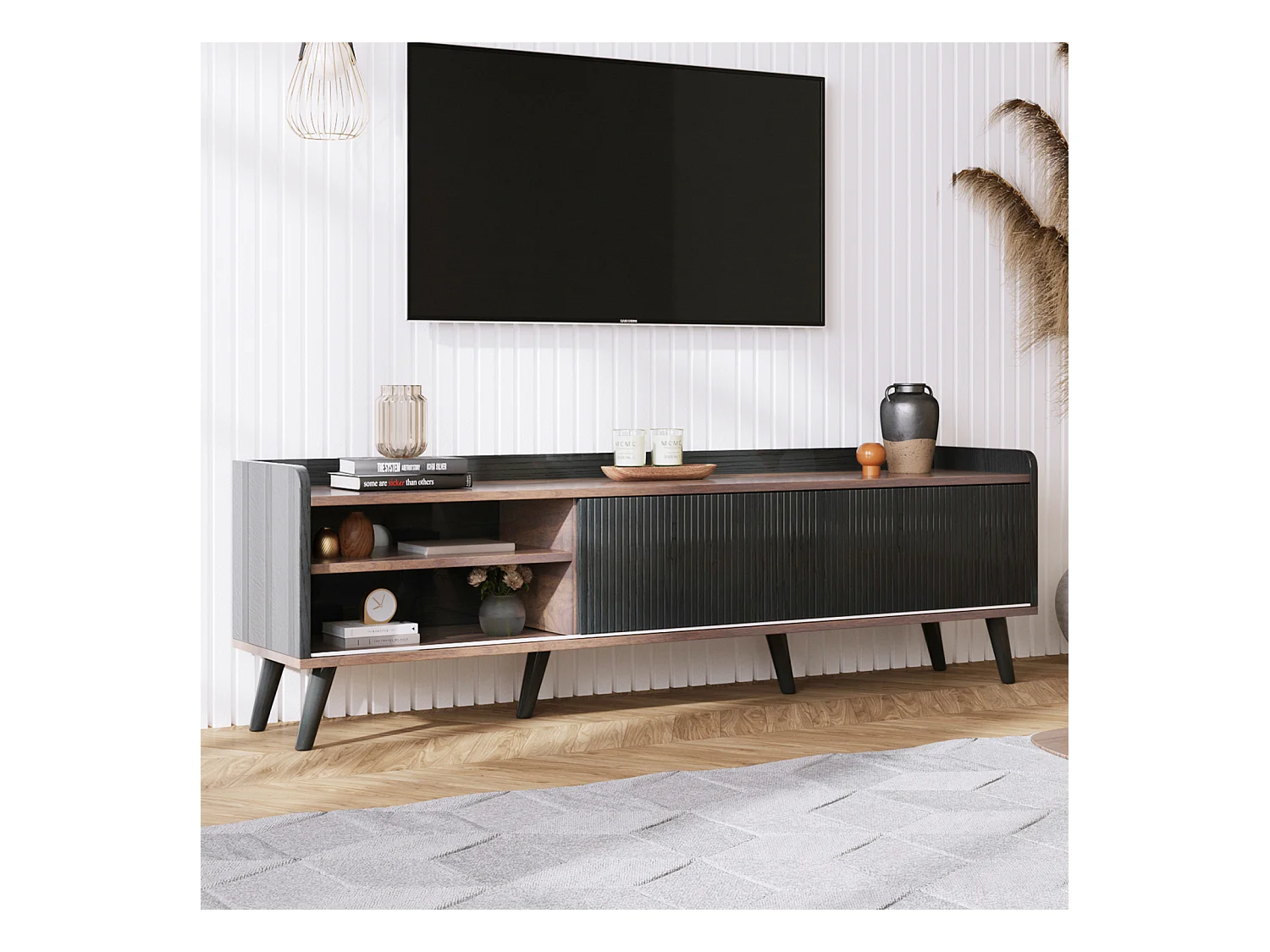 Meuble TV Noir, 2 Tiroirs, 2 Portes Coulissantes, Télévision en Bois, pour Salon Chambre,160x40x58cm