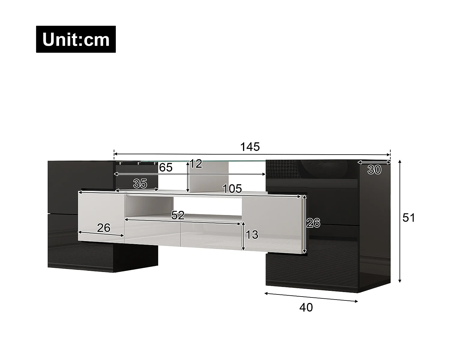 Meuble TV LED, Longueur Meuble Télé Haut pour Salon, avec Rangement, 150 x30x50 cm, Blanc & gris