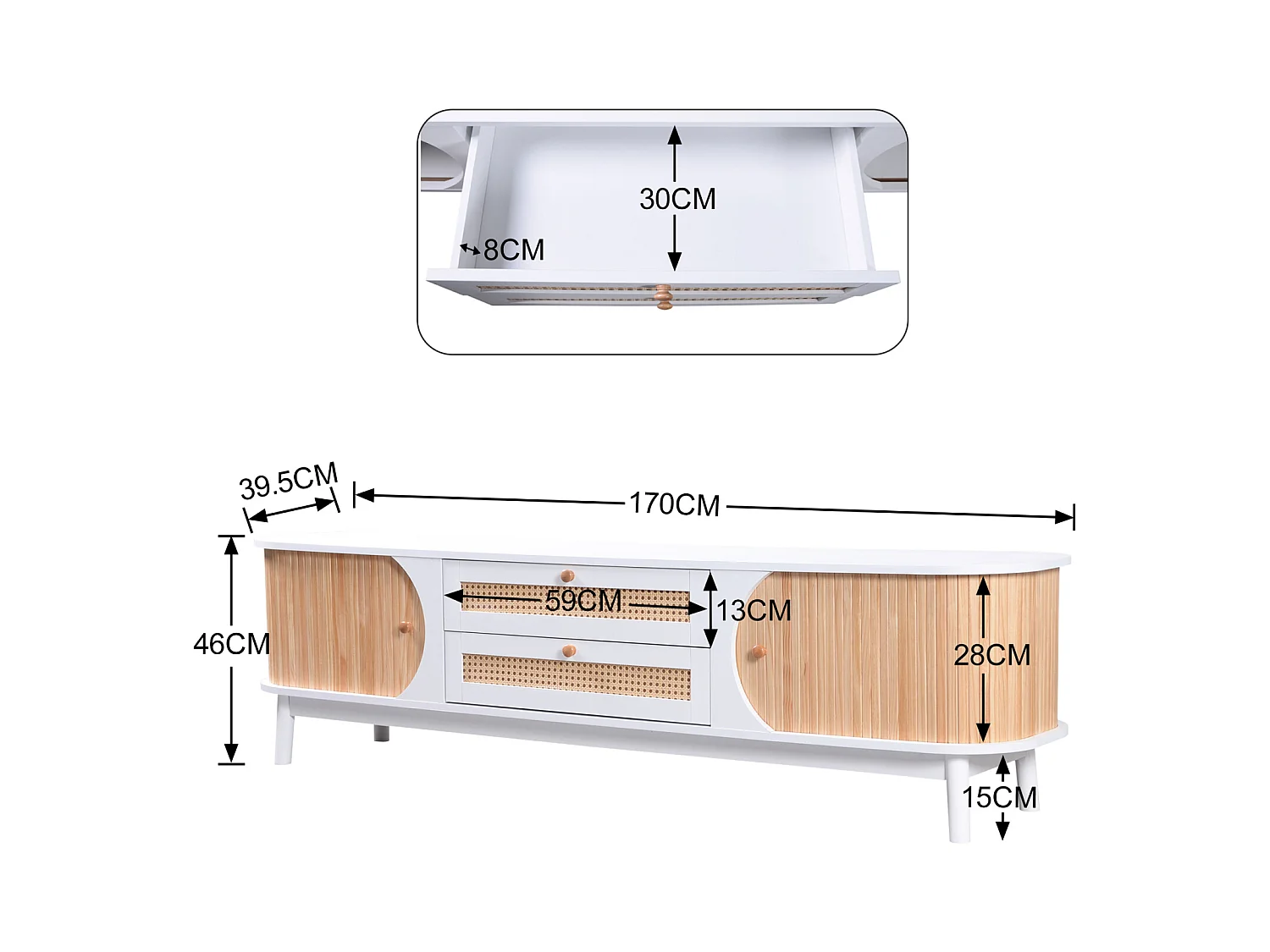 Meuble TV Bas en Bois Massif et Rotin - 2 Tiroirs, 2 Portes Coulissantes - Pour Salon - Naturel