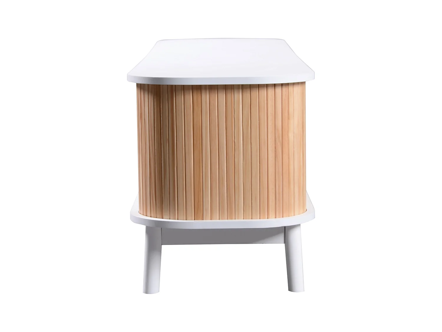 Meuble TV Bas en Bois Massif et Rotin - 2 Tiroirs, 2 Portes Coulissantes - Pour Salon - Naturel