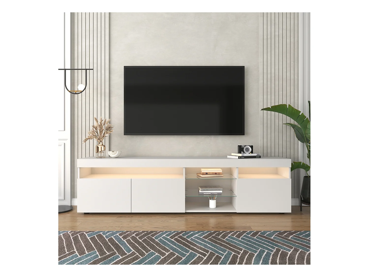 Meuble TV Moderne Blanc, Panneau Clair, LED Variable, Salon et Salle à Manger ,180 x 35 x 45 cm