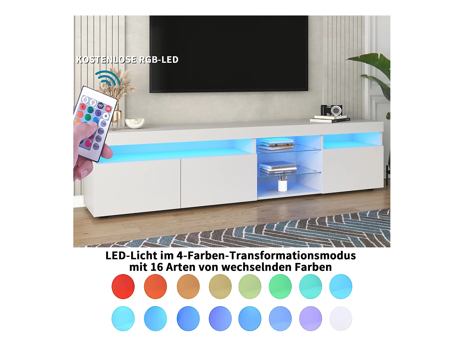 Meuble TV Moderne Blanc, Panneau Clair, LED Variable, Salon et Salle à Manger ,180 x 35 x 45 cm