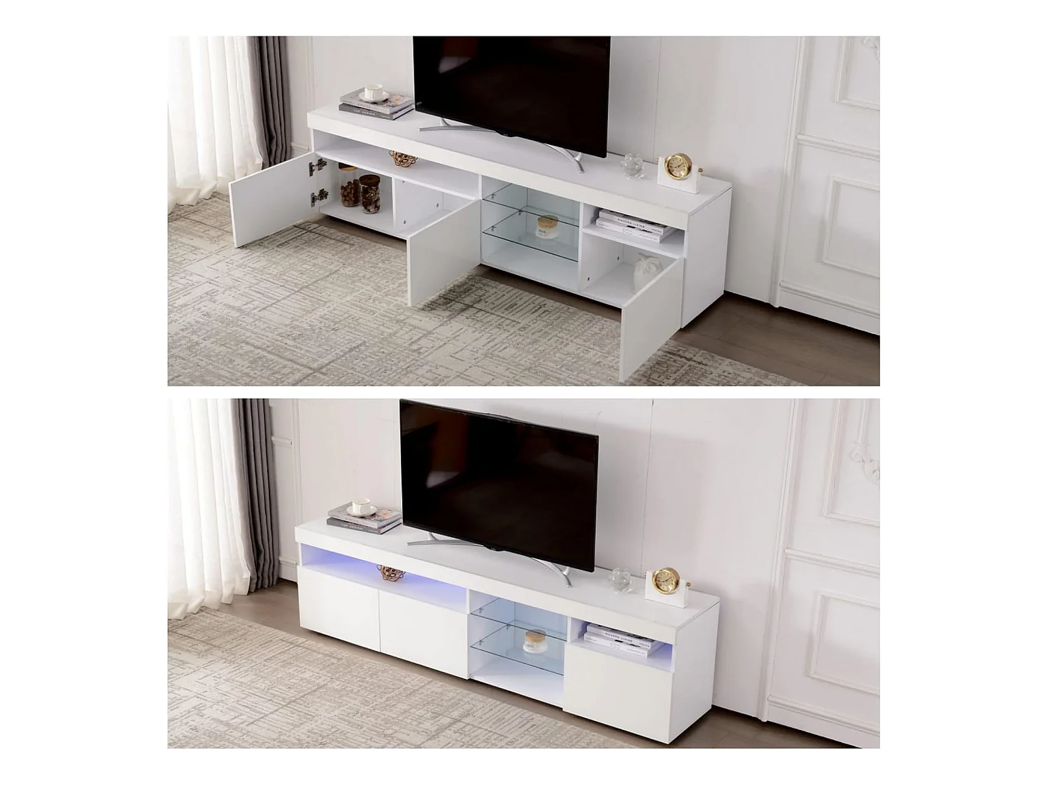 Meuble TV Moderne Blanc, Panneau Clair, LED Variable, Salon et Salle à Manger ,180 x 35 x 45 cm