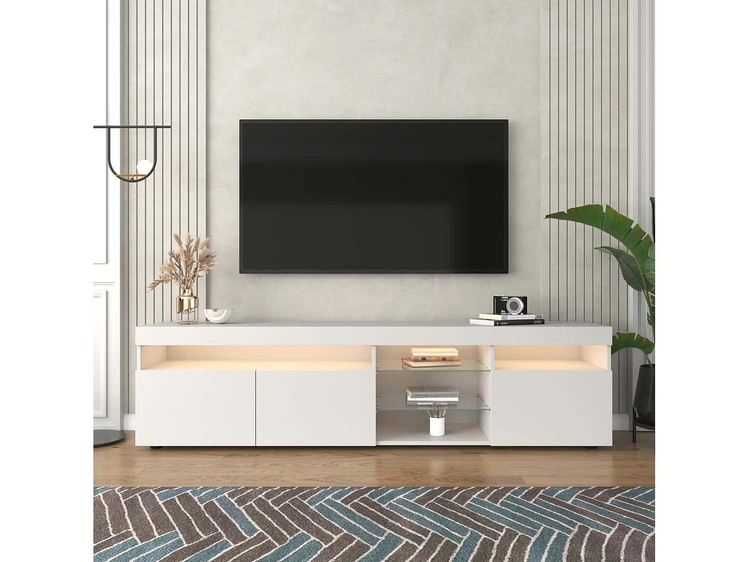 Meuble TV Moderne Blanc, Panneau Clair, LED Variable, Salon et Salle à Manger ,180 x 35 x 45 cm