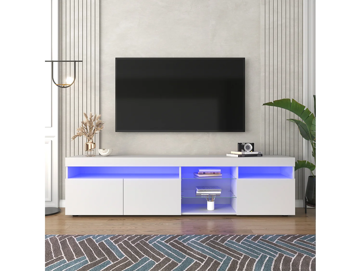 Meuble TV Moderne Blanc, Panneau Clair, LED Variable, Salon et Salle à Manger ,180 x 35 x 45 cm