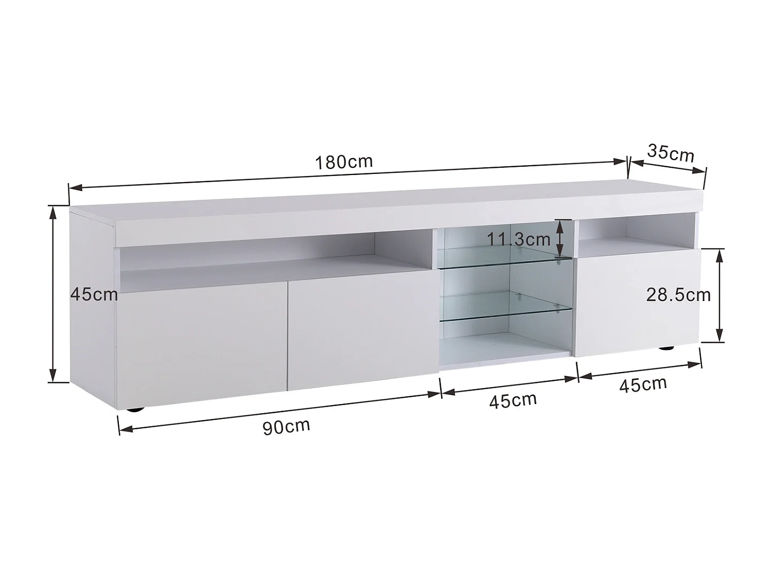 Meuble TV Moderne Blanc, Panneau Clair, LED Variable, Salon et Salle à Manger ,180 x 35 x 45 cm