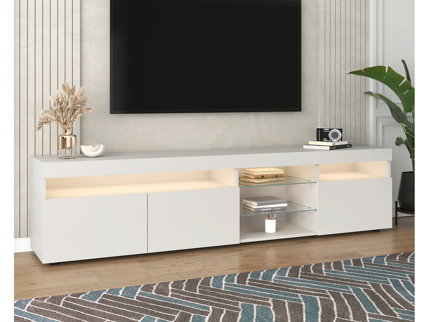 Meuble TV Moderne Blanc, Panneau Clair, LED Variable, Salon et Salle à Manger ,180 x 35 x 45 cm