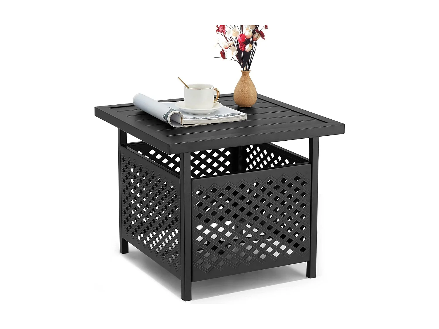 YODOLLA Garten Beistelltisch mit Sonnenschirmloch (Ø4cm), Kleiner Gartentisch aus Metall für Terrasse, Pool, Garten, 55 x 55 x 46 cm