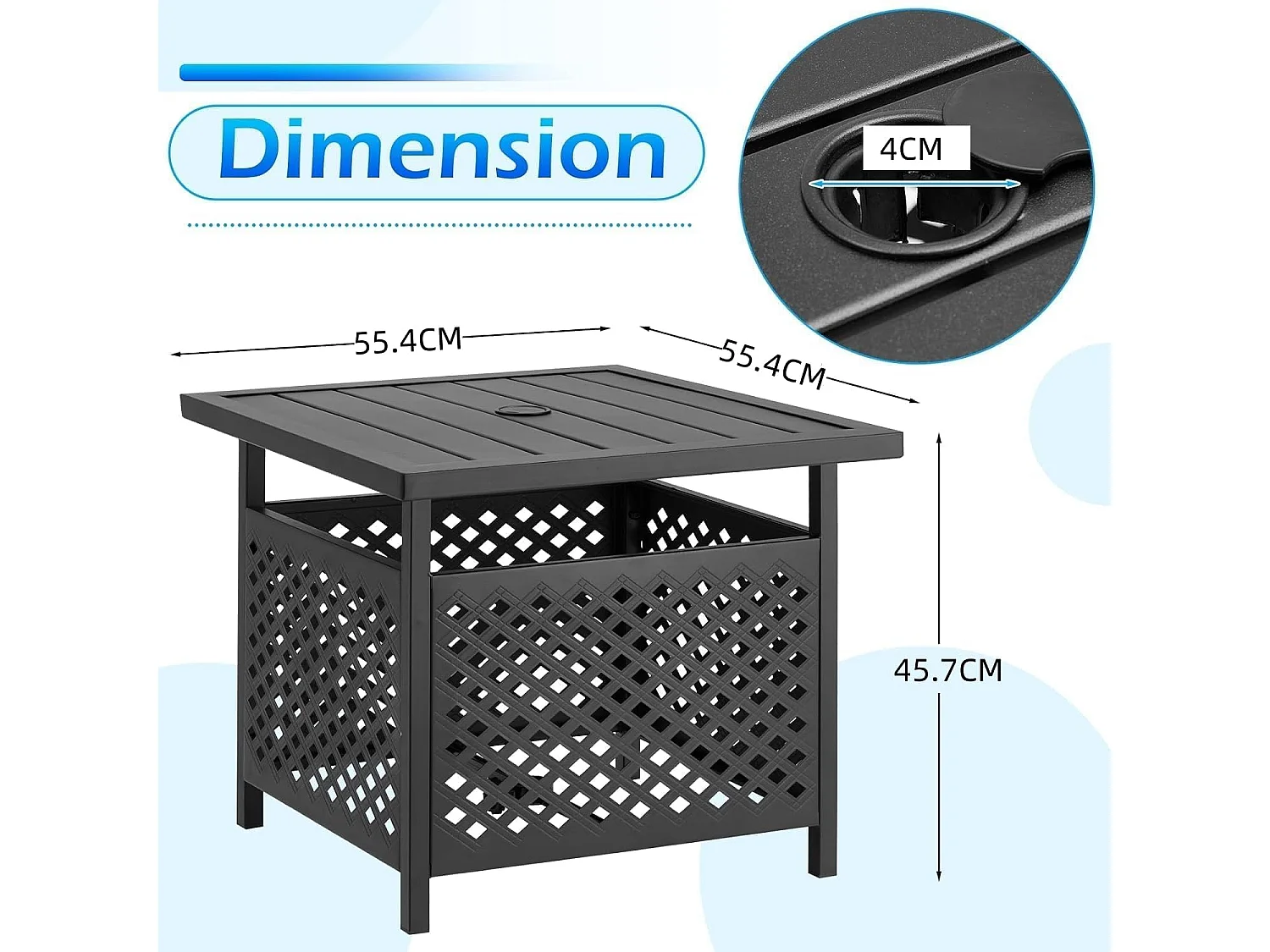 YODOLLA Garten Beistelltisch mit Sonnenschirmloch (Ø4cm), Kleiner Gartentisch aus Metall für Terrasse, Pool, Garten, 55 x 55 x 46 cm