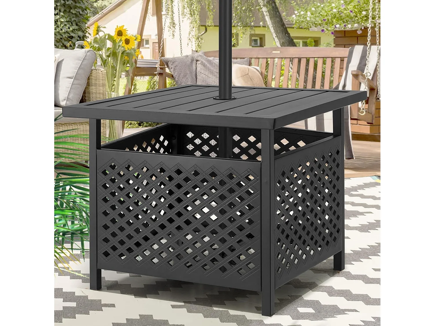 YODOLLA Garten Beistelltisch mit Sonnenschirmloch (Ø4cm), Kleiner Gartentisch aus Metall für Terrasse, Pool, Garten, 55 x 55 x 46 cm
