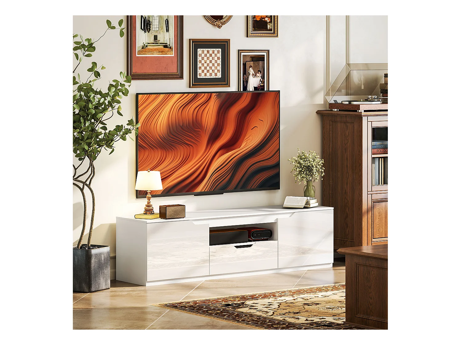 Meuble TV Lowboard Blanc avec 2 Portes et 1 Tiroir, Longueur 160 cm - Design Moderne et Pratique