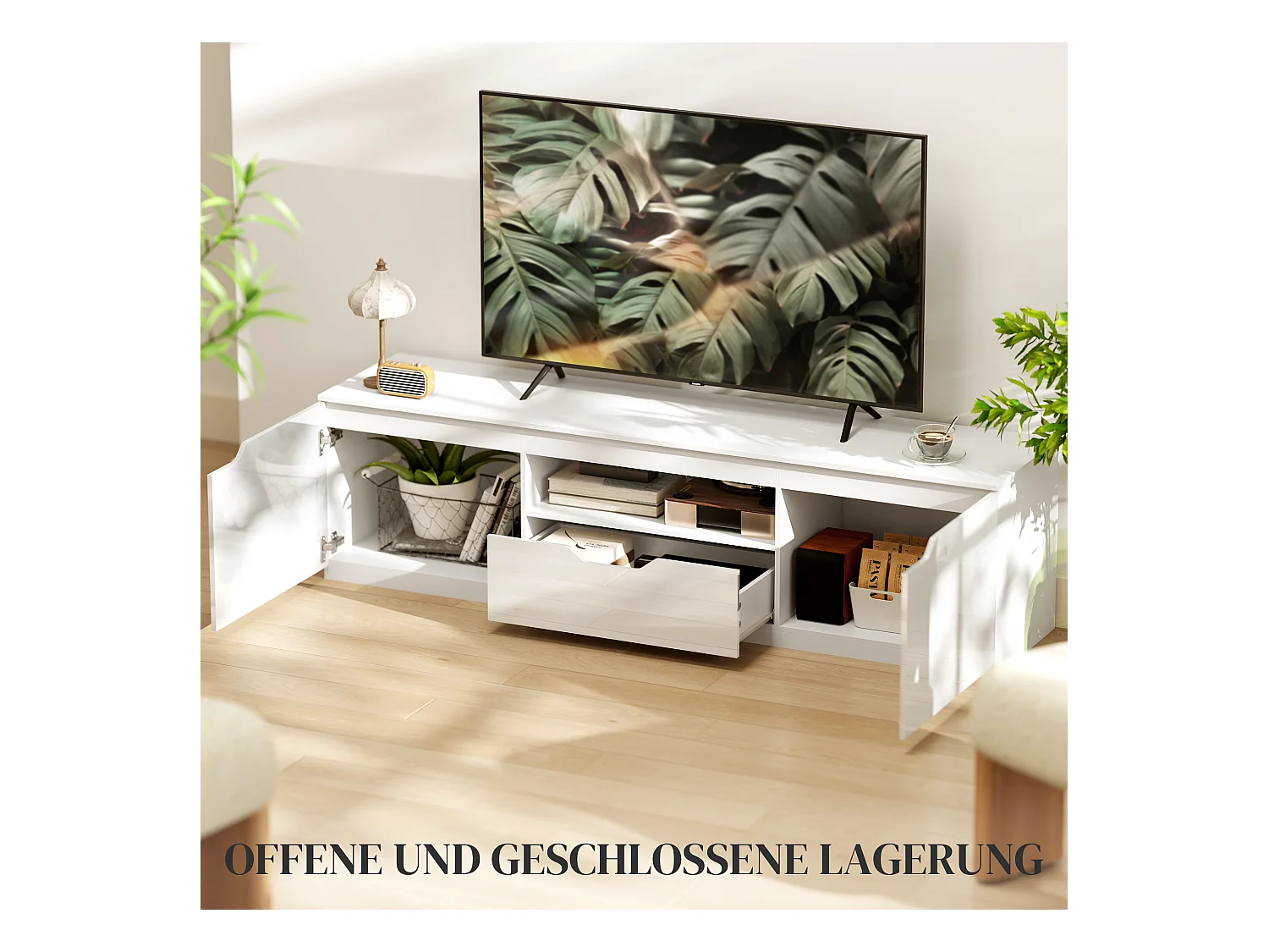 Meuble TV Lowboard Blanc avec 2 Portes et 1 Tiroir, Longueur 160 cm - Design Moderne et Pratique