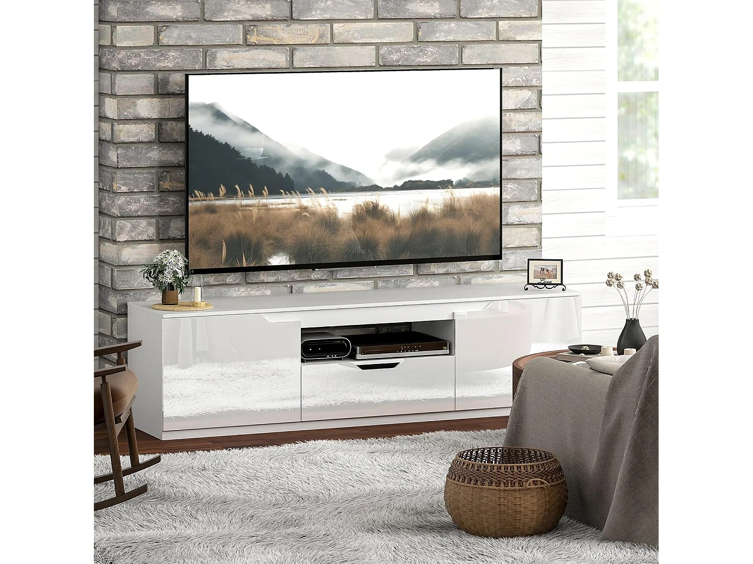 Meuble TV Lowboard Blanc avec 2 Portes et 1 Tiroir, Longueur 160 cm - Design Moderne et Pratique