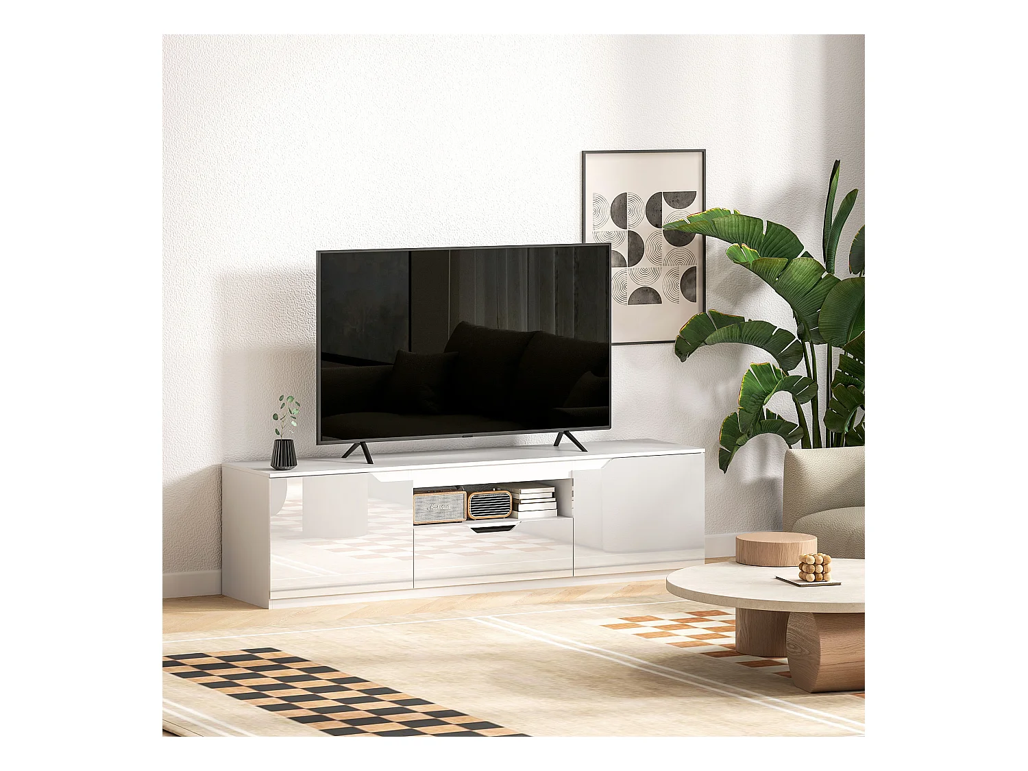 Meuble TV Lowboard Blanc avec 2 Portes et 1 Tiroir, Longueur 160 cm - Design Moderne et Pratique