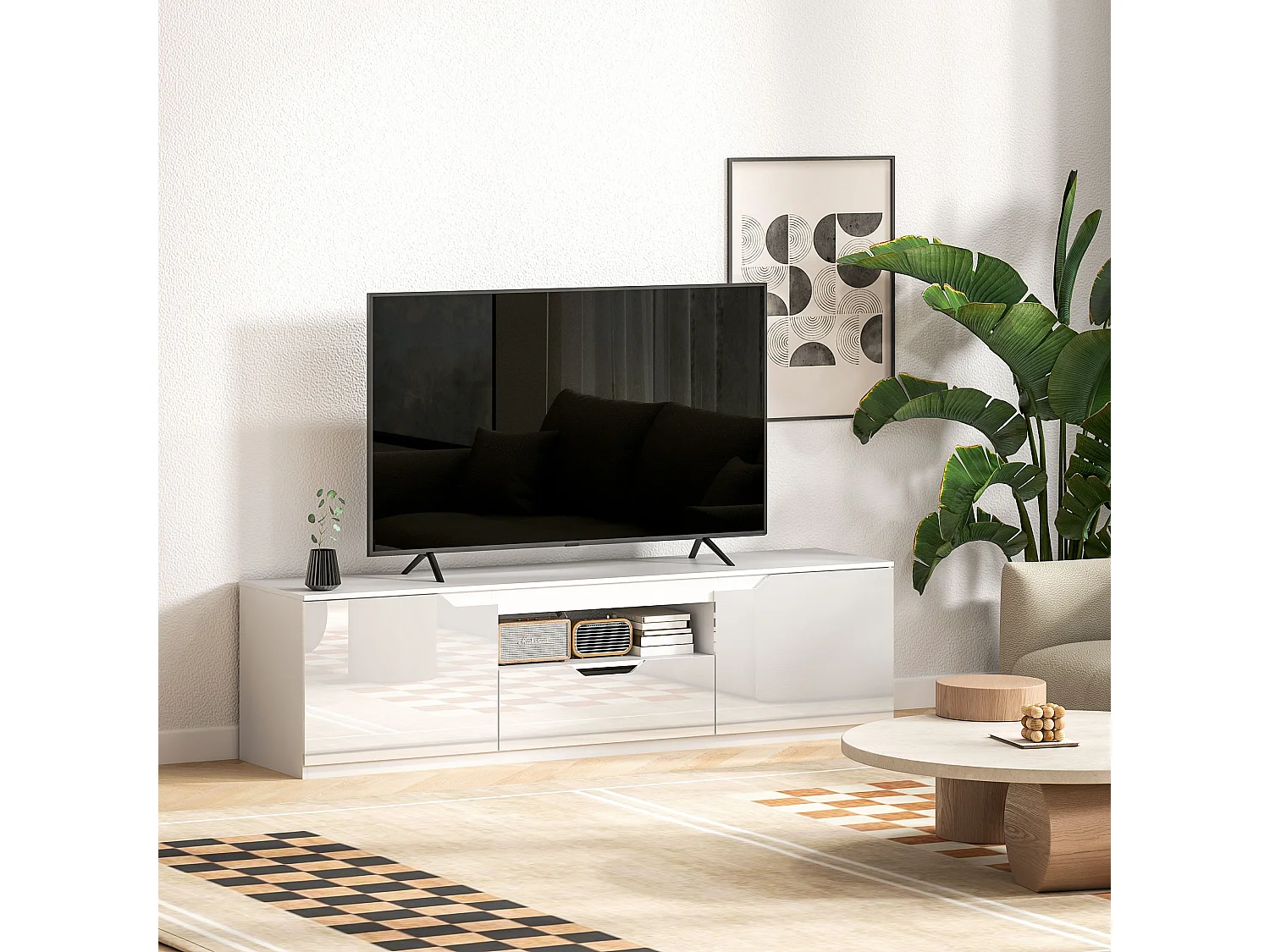 Meuble TV Lowboard Blanc avec 2 Portes et 1 Tiroir, Longueur 160 cm - Design Moderne et Pratique