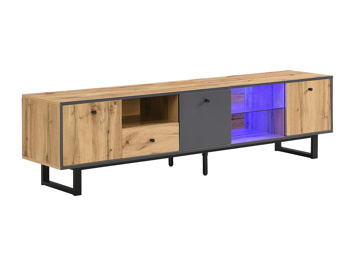 Mueble de TV bajo, Mueble de TV LED 190, con Mampara de Cristal, Compartimentos y Cajón, Madera Industrial