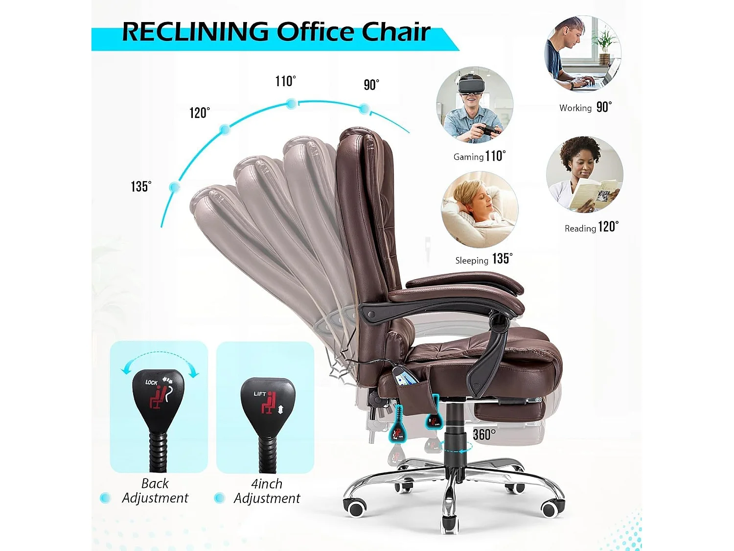 YODOLLA Ergonomischer Bürostuhl Mit Fußstütze - Zuverlässiger Und komfortabler Arbeitsstuhl - Lendenwirbelstütze - Drehbar Und verstellbar - Braun