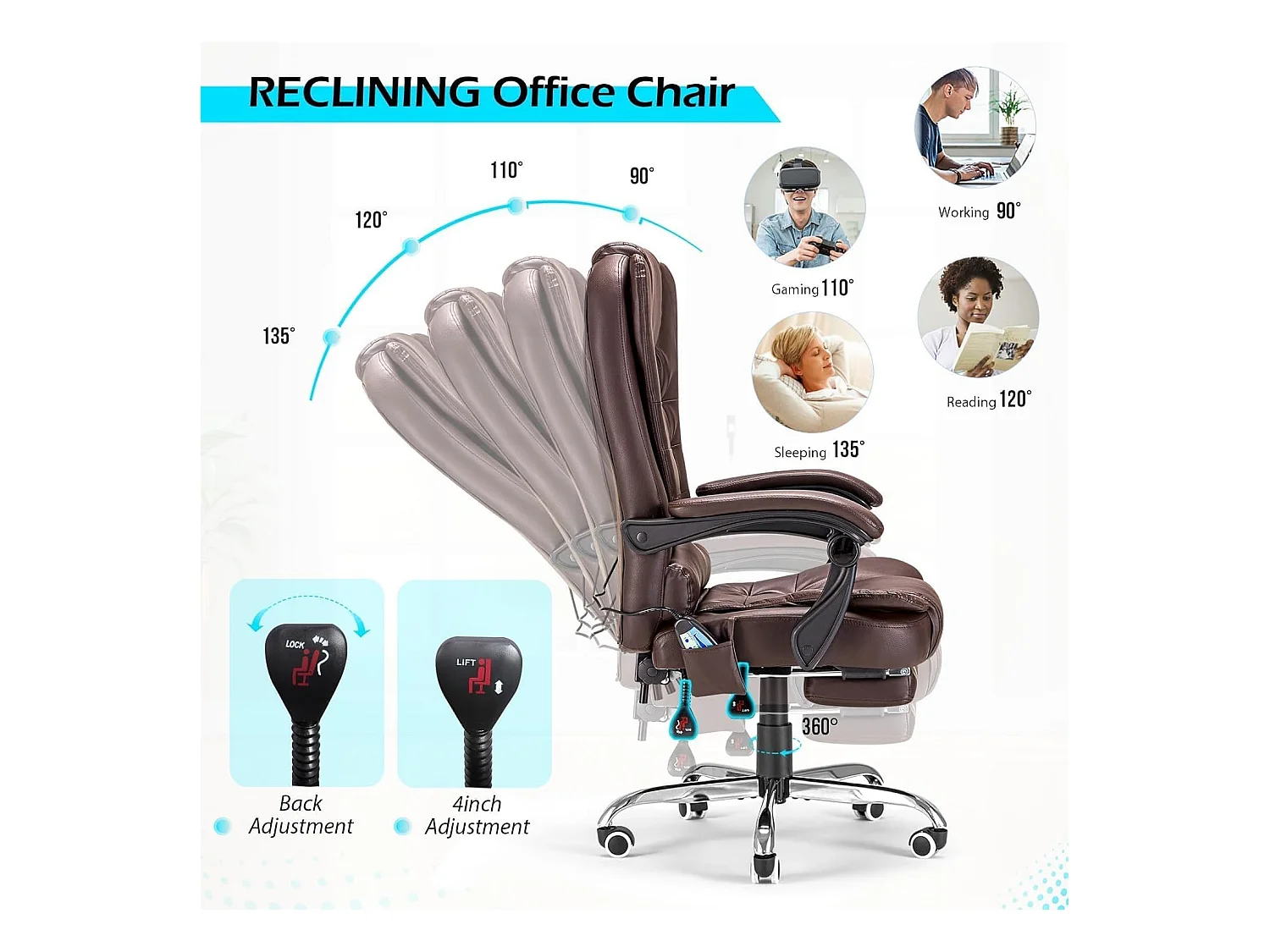 YODOLLA Chaise de Bureau Ergonomique avec Repose-Pieds - Fauteuil de Travail Confiable et Confortable - Dossier Soutien Lombaire - Pivotante et Réglable - Brun