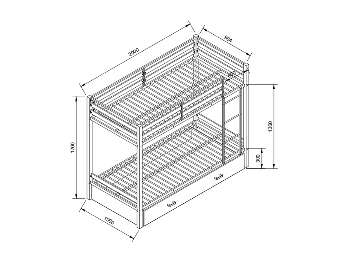 Lits superposés 2 x 90 x 190 cm - 1 tiroir - Métal et MDF - Coloris : Naturel et blanc - CASIDIA