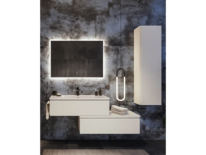 Mobile bagno sottolavabo con lavabo cassettiera e colonna bianco luce specchio e p. asciugamano L 100 x H 28 x P 46